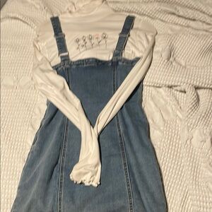 Blue Denim Overall Dress with White Floral Top